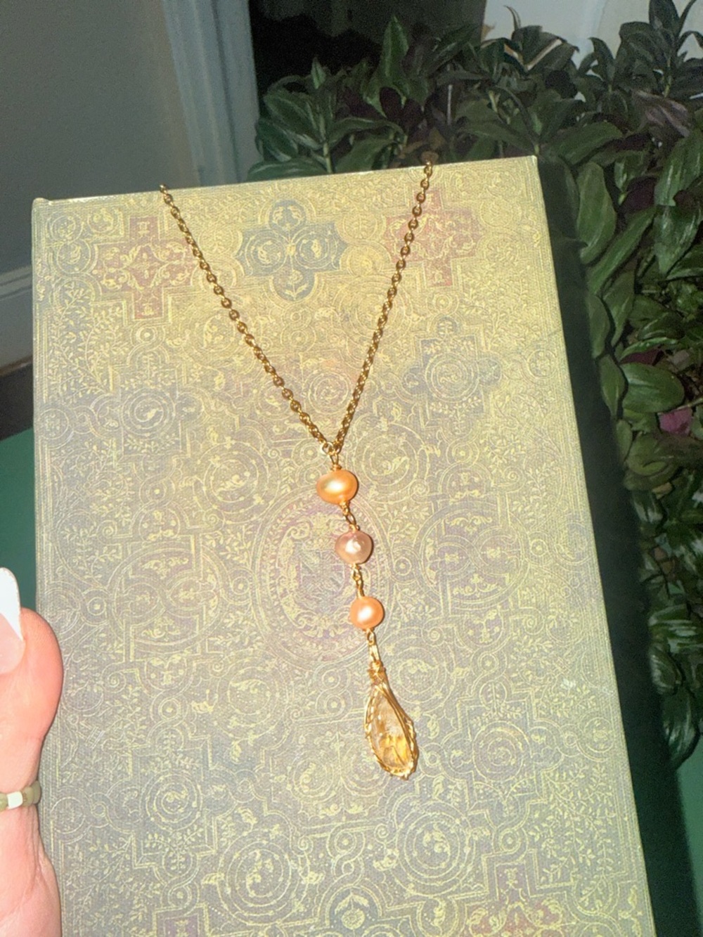 Model Gold Pearl Drop Necklace with Citrine Teardrop in show now